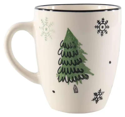 Produktbild von Becher aus Steingut mit grün-weißem Weihnachtsbaum-Motiv, 350 ml