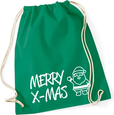 Produktbild von Huuraa Turnbeutel Merry X-Mas Weihnachtsmann 12 Liter Kelly Green Baumwolle Rucksack Geschenkidee