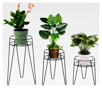 Produktbild von 3er-Set Pflanzenständer, 23,5/30/42 cm hoch, Blumenständer für Innen und Außen, Blumentopfständer aus Metall, Blumenhocker für Wohnzimmer, Garten, Balkon, Schwarz
