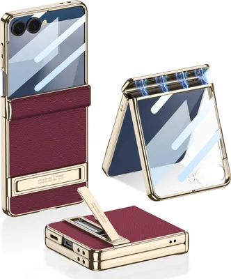 Immagine prodotto di Custodia per Samsung Galaxy Z Flip 7, protezione a cerniera magnetica, custodia rigida con struttura in pelle e galvanizzazione, con protezione dello schermo e supporto Rosso
