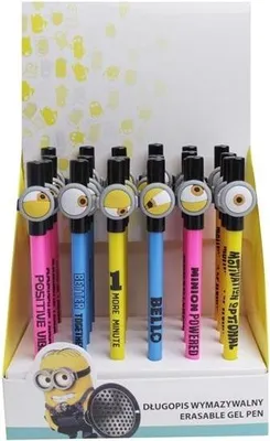 A display of Minions-themed erasable gel pens in a retail setting.