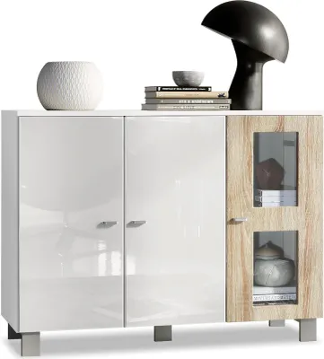 Produktbild von Vladon Sideboard Denjo,  Germany, Kommode mit 3 Türen, Weiß matt/Weiß Hochglanz/Eiche Sägegrau (107 x 81 x 35 cm)