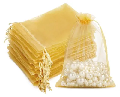 Produktbild von 100 Stück Gold Organzasäckchen, 10x15 CM Geschenk Organzabeutel, Hochzeit Organza-Beutelchen mit Kordelzug Sie als Hochzeit Bonbonsbeutel, Schmuckbeutel, Geschenkbeutel