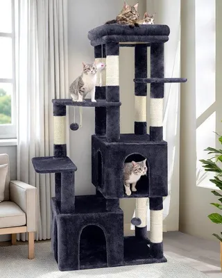 Image de Unyqoos® Katzenbaum 156 cm – Un espace de jeu et de repos stable, idéal pour les grands chats, avec 2 cabanes luxueuses, 7 poteaux en sisal pour faire leurs griffes, une base extra large et une fixation murale