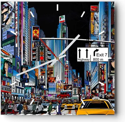 Produktbild von Wanduhr - Quadrat - Glasuhr - Manhattan New York Straße - 30x30cm - Schleichendes Uhrwerk - Lautlos - zum Aufhängen bereit - Dekoration Modern - Wanddekoration aus Glas - C3AC30x30-2720
