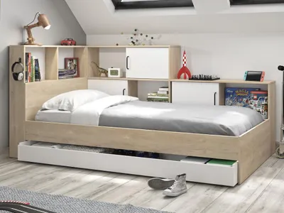 Produktbild von Kinderbett mit Stauraum – Farbe Weiß und Kastanie – 90 x 200 cm