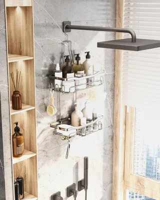 Produktbild von Duschablage zum Hängen - Duschablage Hängen mit Rasierständer & Seifenhalter - Duschregal Zum Hängen mit Mehreren Haken - Hochwertiger Duschkorb Ohne Bohren Edelstahl for Badezimmer Organizer