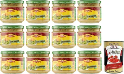 Produktbild von 12x Old el Paso Salsa Guacamole-Sauce auf Avocado Basis,Würzsauce,für Aperitifs mit exotischen Aromen 320g Glas + Italian Gourmet Polpa di Pomodoro 400g Dose