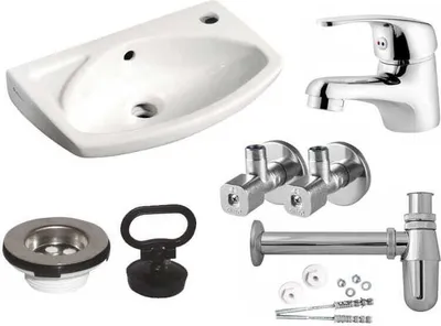 Produktbild von Set: Waschtisch 35 x 28cm weiß, Waschtischmischer chrom, Eckventil, Halbsiphon chrom, Waschtischsieb, Schraubenset