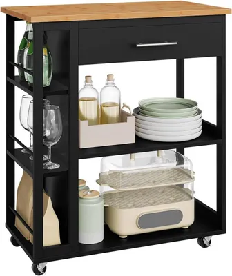 Produktbild von Küchenwagen mit Arbeitsplatte, Schublade und Rollen | Schwarz | 73x38x88 cm