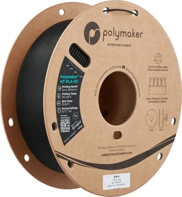 A spool of black 3D printing filament on a cardboard spool, presented against a light gray background.