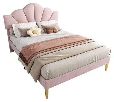 Zdjęcie produktu dla Łóżko tapicerowane 140x190 cm w kolorze różowym, obite welurem, z zagłówkiem w kształcie muszli, regulowaną wysokością zagłówka i stelażem na listwach drewnianych, idealne do sypialni