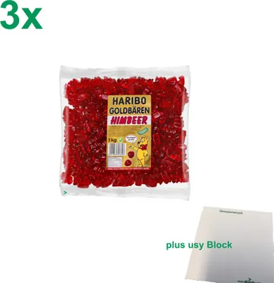 Produktbild von Haribo Goldbären Himbeer Officepack (3x1kg Beutel Gummibärchen dunkelrot) sortenrein + usy Block