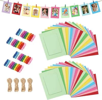 Bunte Kartonbilderrahmen Set von 40 Stück 11,5 x 15,5 cm mit Holzklammern und Juteseil für Hochzeit, Feier und