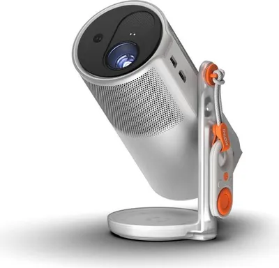 A silver projector with orange accents is displayed on a white background, mounted on a stand.