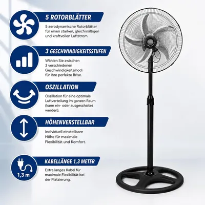 Produktbild von Metall Standventilator 5 Rotorblätter Ventilator Luftkühler Standlüfter 3 Stufen Oszillation Höhenverstellbar Neigbar Robust 16" Zoll 40cm Schwarz