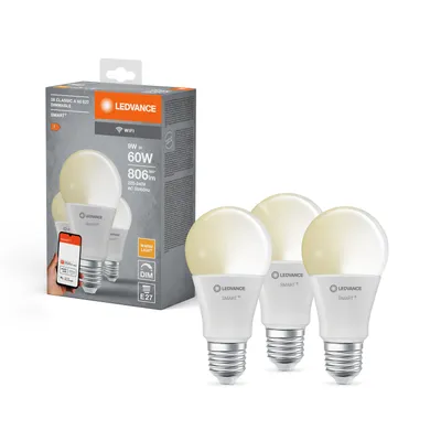 Productafbeelding van 3 x Ledvance LED Smart+ Birne A60 9W = 60W E27 matt 806lm warmweiß 2700K Dimmbar App Google Alexa WiFi