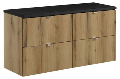Image de Ensemble de salle de bain suspendu VANO aspect chêne et noir 120cm : meubles sous vasque à tiroirs + plan pour vasque