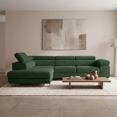 Produktbild von EZIMPAZ Ecksofa MONTANA Cord L-Form mit Schlaffunktion, Bettkasten und verstellbaren Kopfstützen, Grün, Links