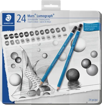 A metal tin containing a set of 24 STAEDTLER Mars Lumograph drawing pencils, with a graphic illustration of drawing pencils and spheres on the front.