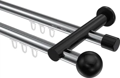 Produktbild von Interdeco Innenlaufstange / Gardinenstange mit Innenlauf Chrom / Schwarz, Typ Platon Luino (Kugel), 20 mm Ø 2-läufig, 420 cm
