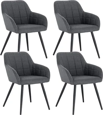 Four dark gray upholstered chairs with black metal legs are arranged in a two-by-two grid against a white background.