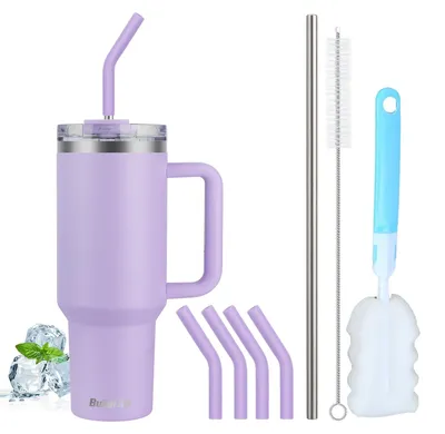 Isolierbecher 1200 ml mit Strohhalm, Griff, lila, Edelstahl