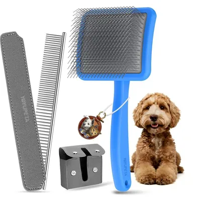 Image de Brosse et peigne pour chiens et chats (poils longs) – Puces de 25 mm, étui en cuir synthétique – Élimine le sous-poil, les nœuds et les boules de poils – Bleu