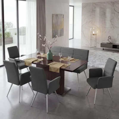 Produktbild von Set 4x Esszimmerstuhl+Sitzbank MCW-G55, Bank Küchenstuhl Stuhl+Armlehne, Stoff/Textil Edelstahl  grau-braun Bank 160cm