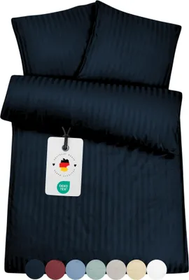 Produktbild von Damast Bettwäsche 135x200 Marine Blau gestreift Hotelbettwäsche Bettbezug Set