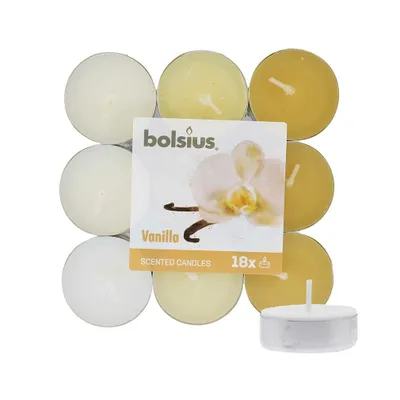 Productafbeelding van Geurkaars in theelichthouder, meerkleurig, vanillegeur, BOLSIUS, Ø38 mm, brandduur ca. 4 uur, 18 stuks per verpakking