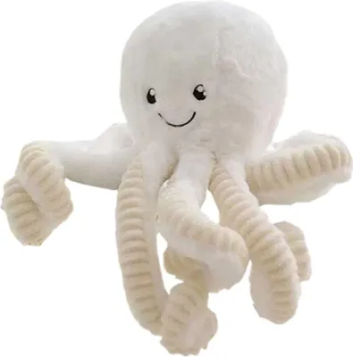 A white plush octopus toy with corduroy-like tentacles and a smiling face is shown against a white background.