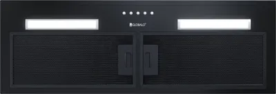 A black range hood mounted against a dark background.