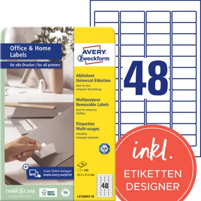 Produktbild von Avery Zweckform L4736REV-10 Etiketten, ablösbar, Home Office, Kleinpackung, A4 45,7 x 21,2 mm, weiß