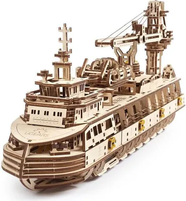 A 3D wooden model of a research ship.