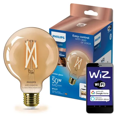 Zdjęcie produktu dla Żarówka LED E27 Kula G95 7W = 50W 640lm 2000-5000K TW FILAMENT Bursztynowa Inteligentna SMART WiFi Bluetooth Aplikacja WiZ Philips