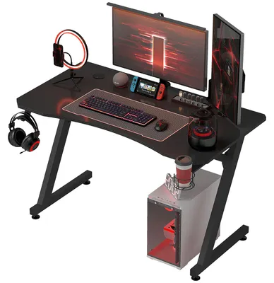 Produktbild von Gaming-Schreibtisch 120 x 65 x 74,5 cm, ergonomisch, fš¹r PC, mit Getr?nkehalter, Kopfh?rerhaken und verstellbaren Fš¹?en, Carbonfaser-Optik, Schwarz
