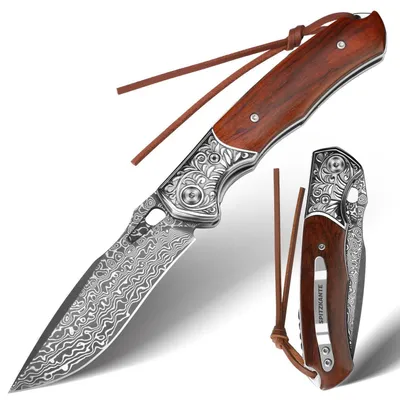 Produktbild von Damast-Taschenmesser CRIMSON FANG, Klappmesser mit Holzgriff, Zweihandmesser, Liner Lock, §42a-konform
