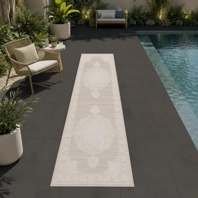 Imagen del producto de Alfombra beige crema, fácil de limpiar, ideal para salón, balcón o terraza. Tamaño: 80 x 250 cm