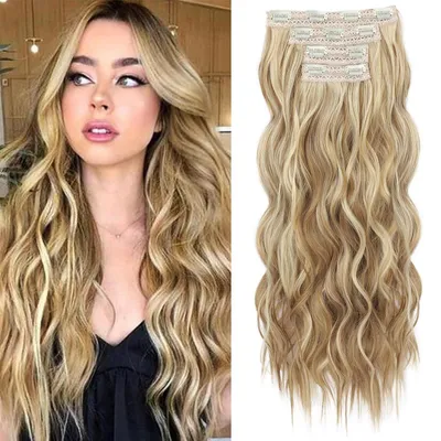 Immagine prodotto di Clip-in, extension per capelli biondi, confezione da 4 pezzi, lunghezza 60 cm, biondo medio con mèches