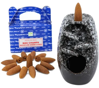 Produktbild von Rückfluss Räucherkegel Starter Set, Wasserfall Effekt, Weihrauchbrenner mit Rückflusskegel Satya Nag Champa (Starter Set Weiß)