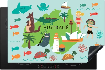 Produktbild von KitchenYeah© Herdabdeckplatte Weltkarte Kinder - Australien - Tiere , 81x52cm, Küche Deko, Glaskeramikkochfeld Herdabdeckung, Abdeckplatte fùr Kochfeld