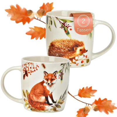 Produktbild von Herbst Tassen Fuchs & Igel, 350 ml Kaffeetasse aus Porzellan
