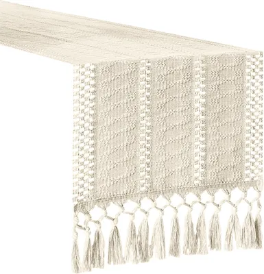 Produktbild von Boho-Tischläufer, gewebter Makramee-Tischläufer im Bauernhausstil, Heimdekoration, rustikaler Tischläufer mit Quastenkanten für die Esstischdekoration