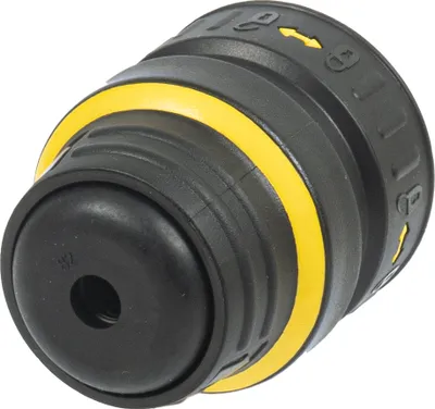 A close-up, studio shot of a black and yellow drill chuck attachment.
