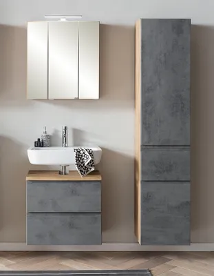Produktbild von Badezimmer Set mit Aufsatzleuchte, stehend oder hängend, Wotan Eiche Nb. mit Beton Optik, VASTO-03-CONCRETE, B/H/T ca. 115/200/35 cm