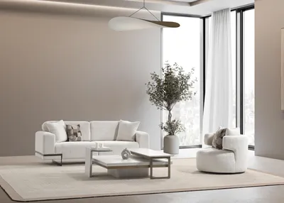 Obrázok produktu pre Elegantná biela látková pohovka s kreslom v modernom dizajne