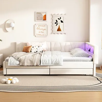 Produktbild von okwish Schlafsofas 140×200 Tagesbett mit  Lattenrost und Ablagefach,Bett mit zwei Schubladen, USB+Typ C,LED-Umgebungslicht,Beigen(ohne Matratze)