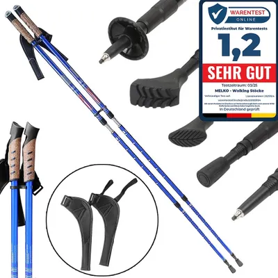 A collage of images showing Nordic walking poles and their accessories, along with a product review badge.