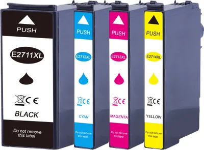 Four printer ink cartridges are lined up against a white background.